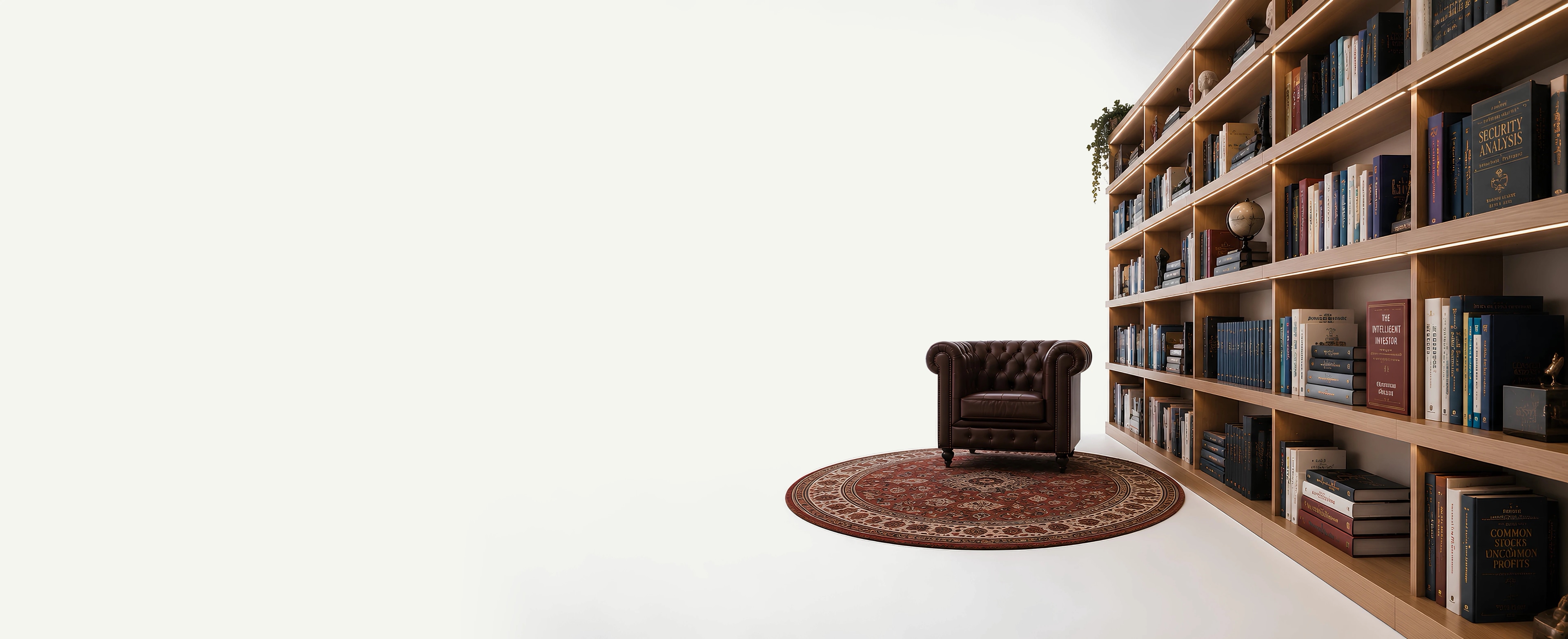 Sala de leitura com poltrona Chesterfield e estante de livros clássicos de investimento